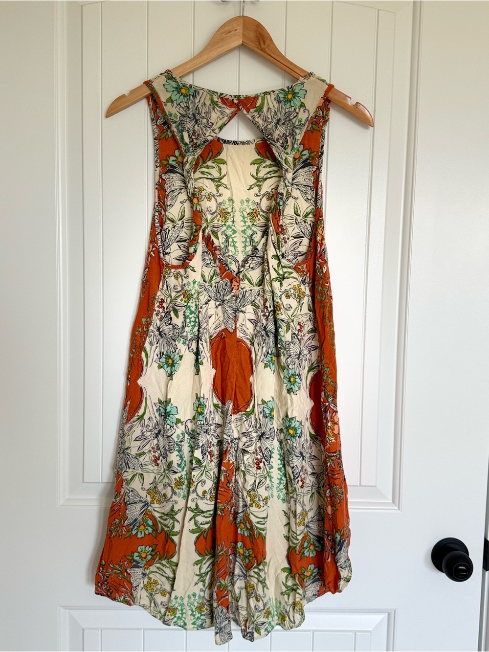 Floral High Low Tunic Dress Orange Teal Boho Swing Tank Mini Top Botanical Med - Picture 2 of 6